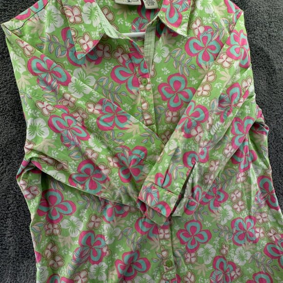 Duck Head Medium Women Button Up Floral Shirt Green Pink 1/2 Sleeve Stretch - Picture 13 of 14
